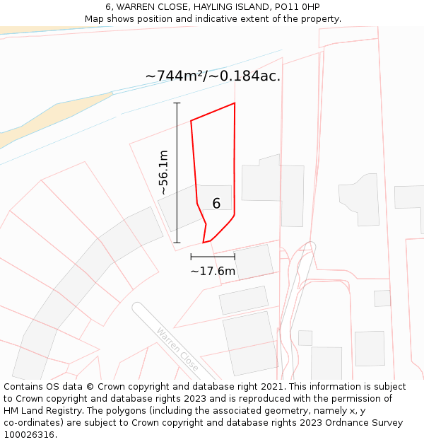 6, WARREN CLOSE, HAYLING ISLAND, PO11 0HP: Plot and title map