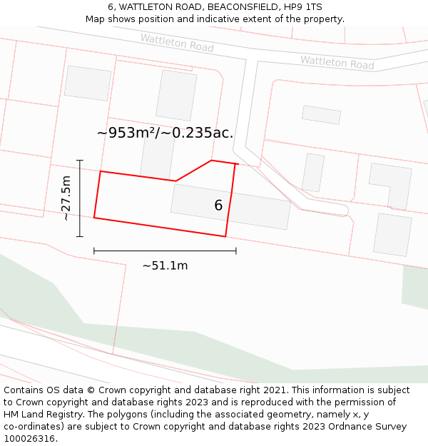 6, WATTLETON ROAD, BEACONSFIELD, HP9 1TS: Plot and title map