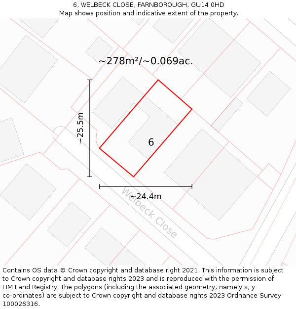 6, WELBECK CLOSE, FARNBOROUGH, GU14 0HD: Plot and title map