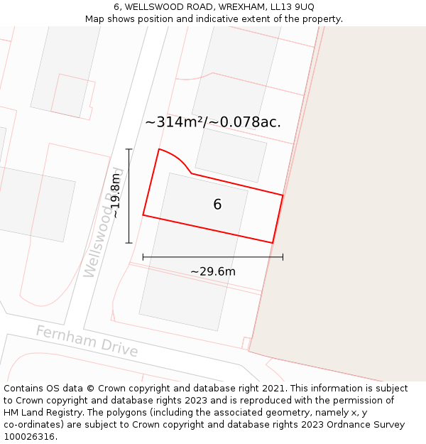 6, WELLSWOOD ROAD, WREXHAM, LL13 9UQ: Plot and title map