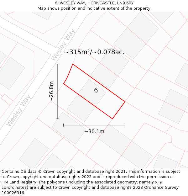 6, WESLEY WAY, HORNCASTLE, LN9 6RY: Plot and title map