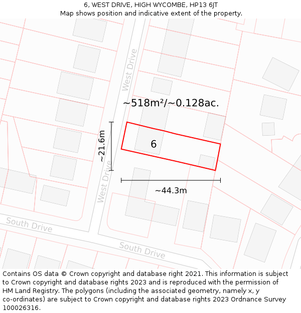 6, WEST DRIVE, HIGH WYCOMBE, HP13 6JT: Plot and title map