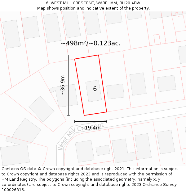 6, WEST MILL CRESCENT, WAREHAM, BH20 4BW: Plot and title map