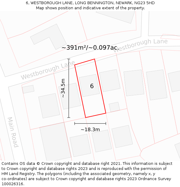 6, WESTBOROUGH LANE, LONG BENNINGTON, NEWARK, NG23 5HD: Plot and title map