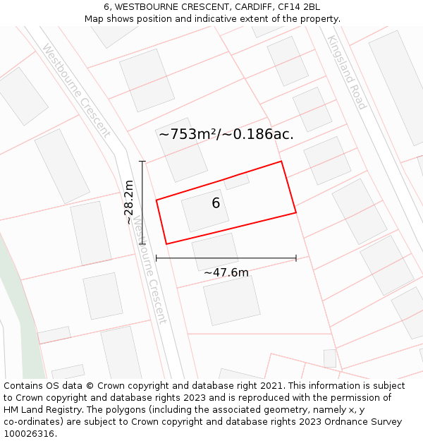 6, WESTBOURNE CRESCENT, CARDIFF, CF14 2BL: Plot and title map
