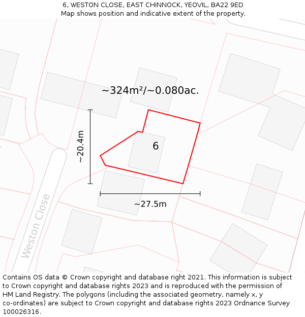 6, WESTON CLOSE, EAST CHINNOCK, YEOVIL, BA22 9ED: Plot and title map