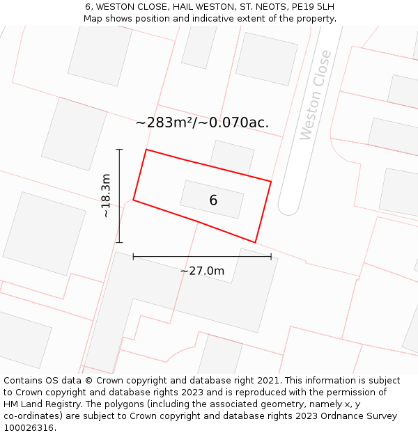 6, WESTON CLOSE, HAIL WESTON, ST. NEOTS, PE19 5LH: Plot and title map