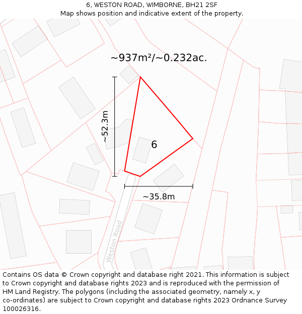 6, WESTON ROAD, WIMBORNE, BH21 2SF: Plot and title map