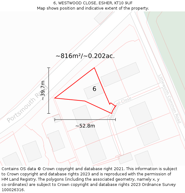 6, WESTWOOD CLOSE, ESHER, KT10 9UF: Plot and title map