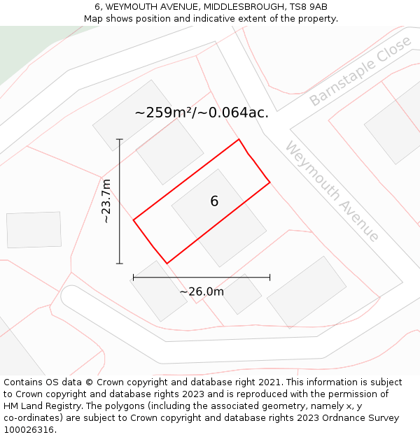 6, WEYMOUTH AVENUE, MIDDLESBROUGH, TS8 9AB: Plot and title map