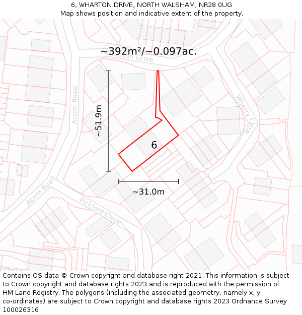 6, WHARTON DRIVE, NORTH WALSHAM, NR28 0UG: Plot and title map