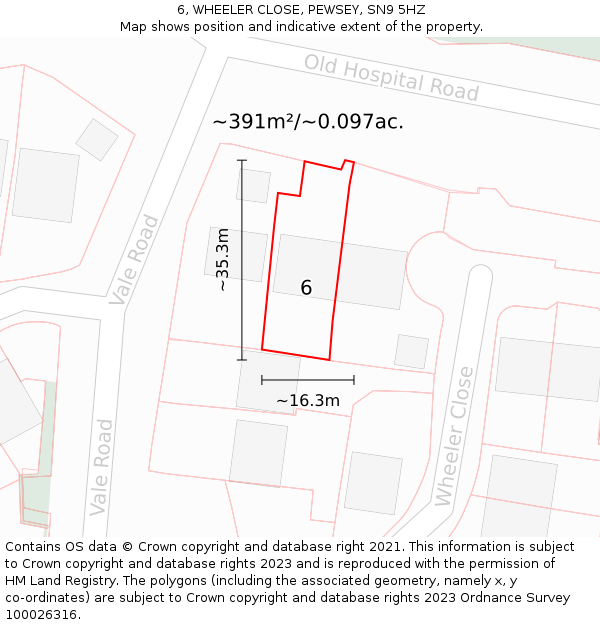 6, WHEELER CLOSE, PEWSEY, SN9 5HZ: Plot and title map