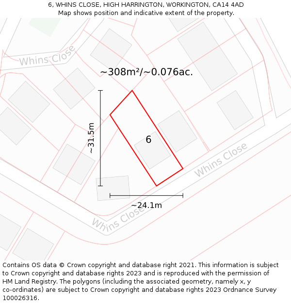 6, WHINS CLOSE, HIGH HARRINGTON, WORKINGTON, CA14 4AD: Plot and title map