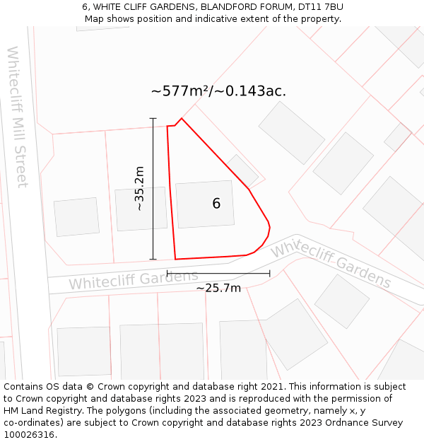 6, WHITE CLIFF GARDENS, BLANDFORD FORUM, DT11 7BU: Plot and title map