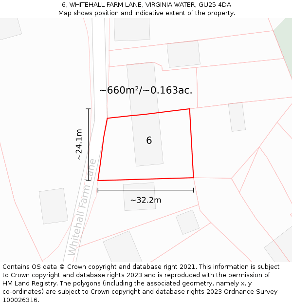 6, WHITEHALL FARM LANE, VIRGINIA WATER, GU25 4DA: Plot and title map