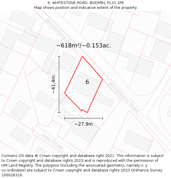 6, WHITESTONE ROAD, BODMIN, PL31 1PE: Plot and title map