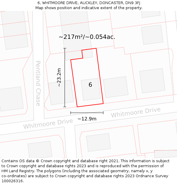 6, WHITMOORE DRIVE, AUCKLEY, DONCASTER, DN9 3FJ: Plot and title map