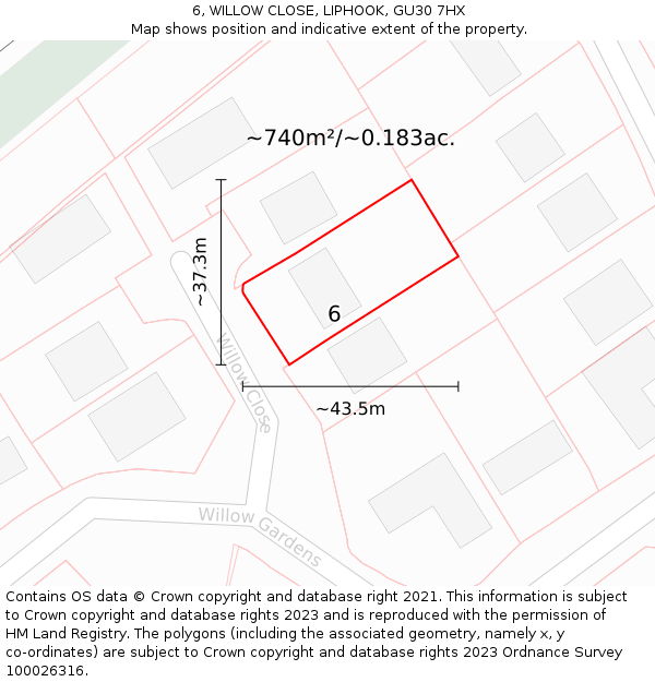 6, WILLOW CLOSE, LIPHOOK, GU30 7HX: Plot and title map