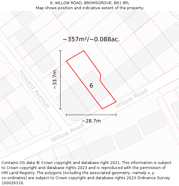 6, WILLOW ROAD, BROMSGROVE, B61 8PL: Plot and title map