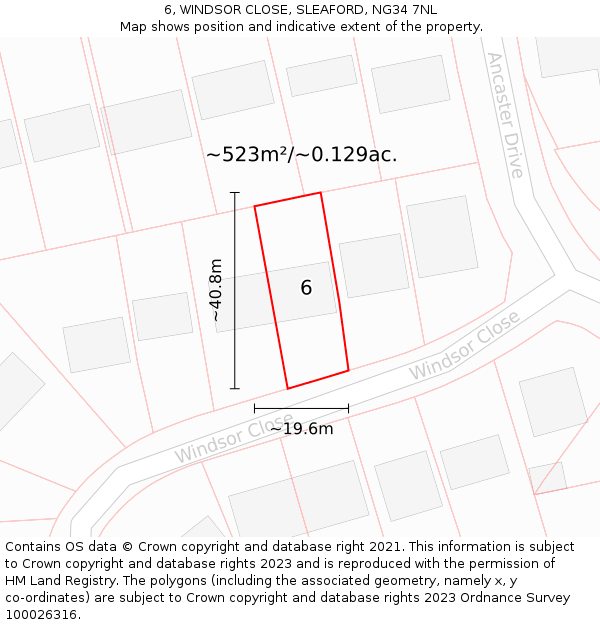 6, WINDSOR CLOSE, SLEAFORD, NG34 7NL: Plot and title map