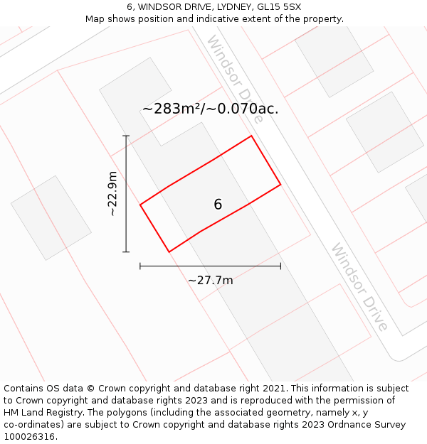 6, WINDSOR DRIVE, LYDNEY, GL15 5SX: Plot and title map