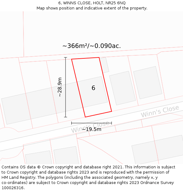 6, WINNS CLOSE, HOLT, NR25 6NQ: Plot and title map