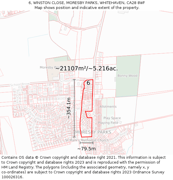 6, WINSTON CLOSE, MORESBY PARKS, WHITEHAVEN, CA28 8WF: Plot and title map