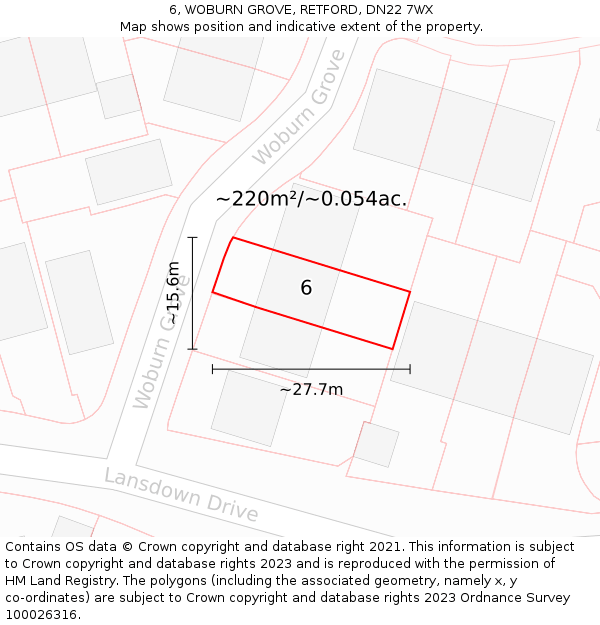 6, WOBURN GROVE, RETFORD, DN22 7WX: Plot and title map