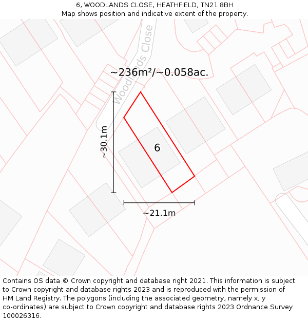 6, WOODLANDS CLOSE, HEATHFIELD, TN21 8BH: Plot and title map