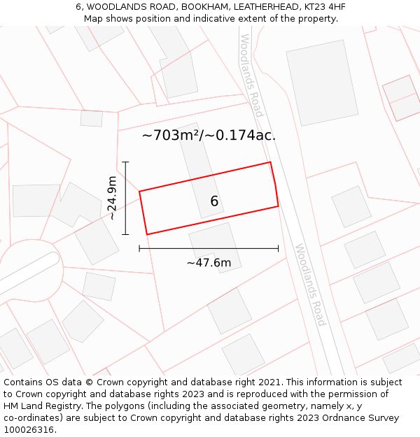 6, WOODLANDS ROAD, BOOKHAM, LEATHERHEAD, KT23 4HF: Plot and title map