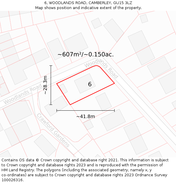 6, WOODLANDS ROAD, CAMBERLEY, GU15 3LZ: Plot and title map