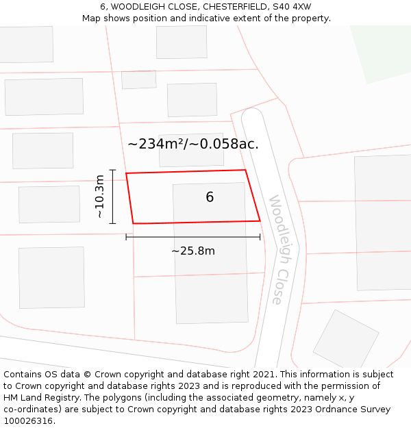 6, WOODLEIGH CLOSE, CHESTERFIELD, S40 4XW: Plot and title map