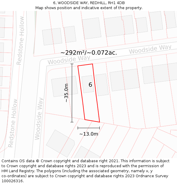 6, WOODSIDE WAY, REDHILL, RH1 4DB: Plot and title map