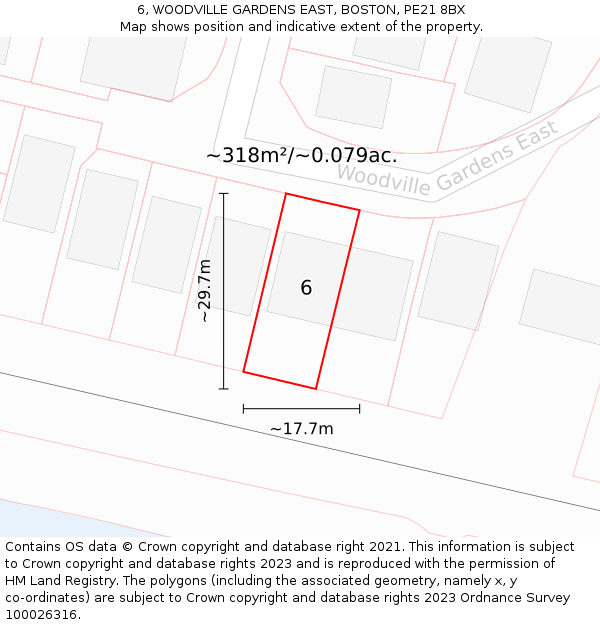 6, WOODVILLE GARDENS EAST, BOSTON, PE21 8BX: Plot and title map