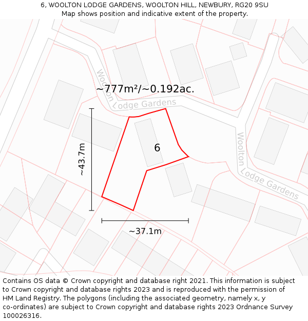 6, WOOLTON LODGE GARDENS, WOOLTON HILL, NEWBURY, RG20 9SU: Plot and title map