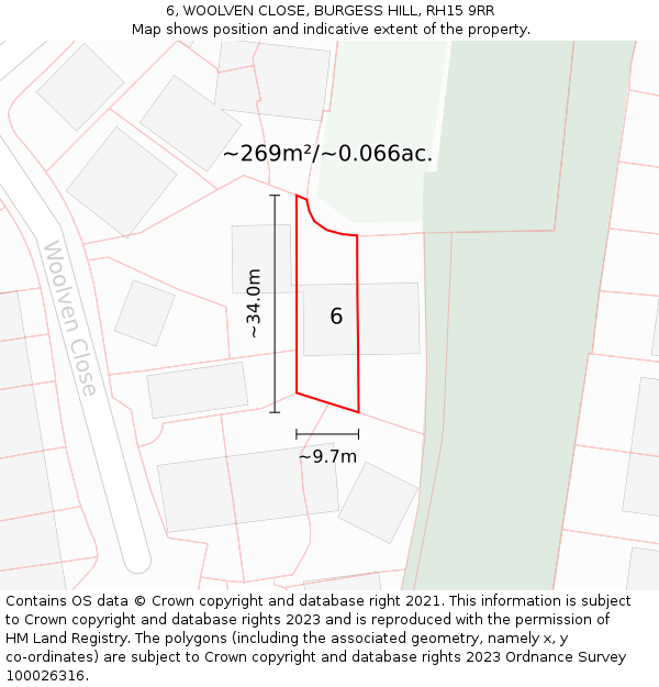 6, WOOLVEN CLOSE, BURGESS HILL, RH15 9RR: Plot and title map