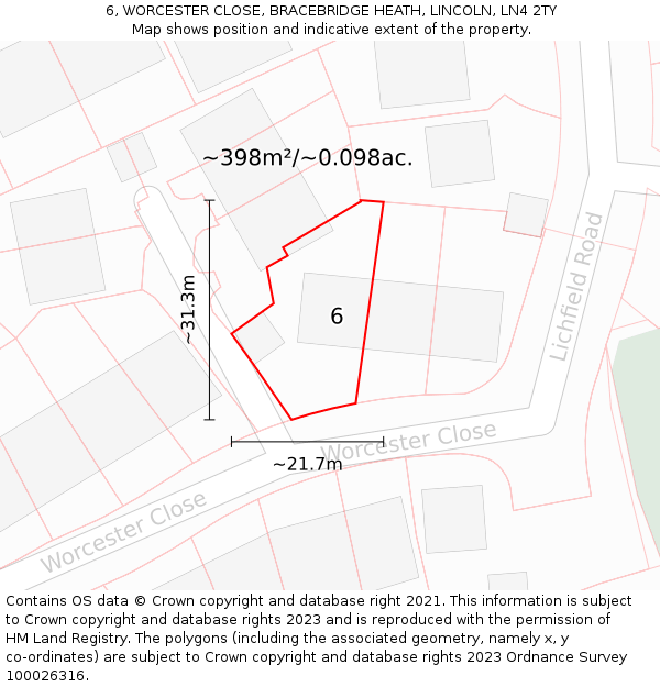 6, WORCESTER CLOSE, BRACEBRIDGE HEATH, LINCOLN, LN4 2TY: Plot and title map