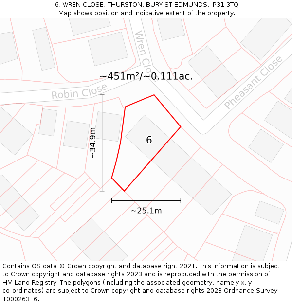 6, WREN CLOSE, THURSTON, BURY ST EDMUNDS, IP31 3TQ: Plot and title map