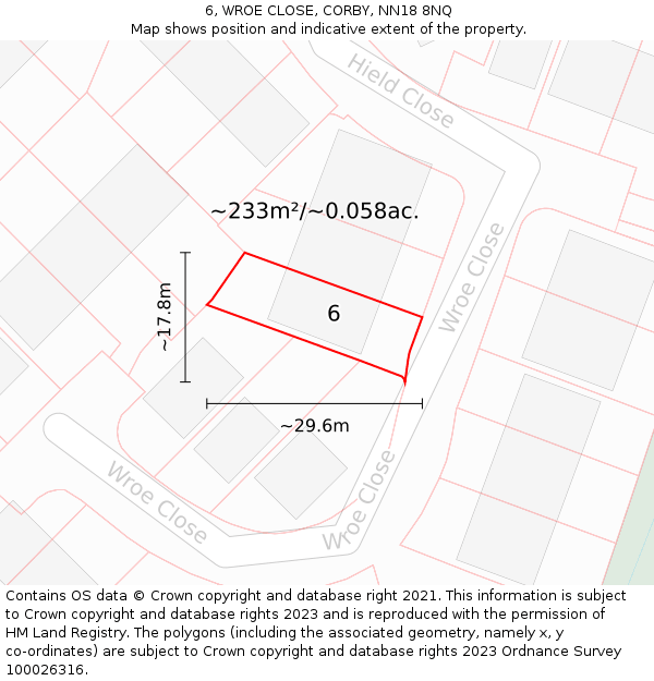 6, WROE CLOSE, CORBY, NN18 8NQ: Plot and title map