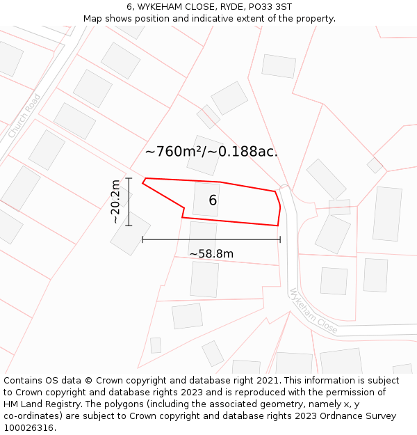 6, WYKEHAM CLOSE, RYDE, PO33 3ST: Plot and title map