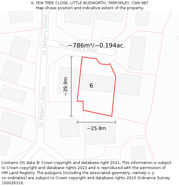 6, YEW TREE CLOSE, LITTLE BUDWORTH, TARPORLEY, CW6 9BT: Plot and title map