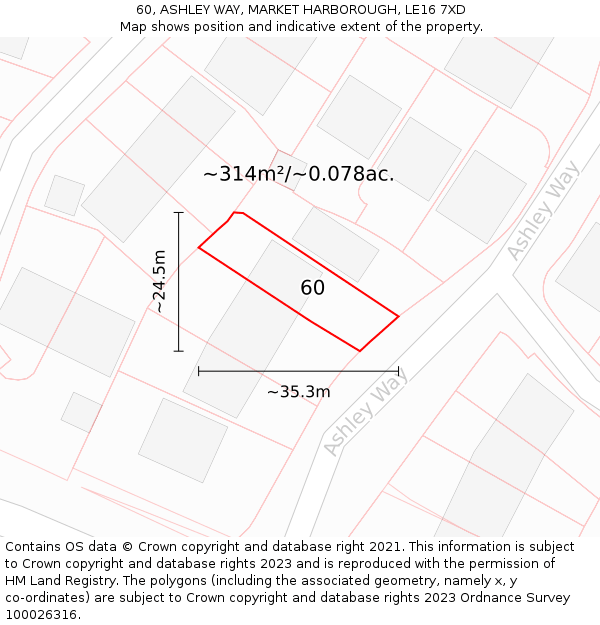 60, ASHLEY WAY, MARKET HARBOROUGH, LE16 7XD: Plot and title map