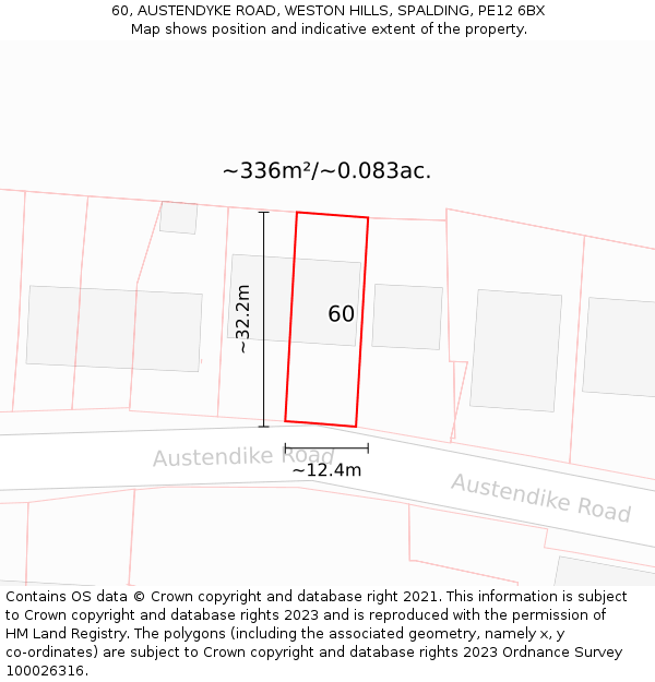 60, AUSTENDYKE ROAD, WESTON HILLS, SPALDING, PE12 6BX: Plot and title map
