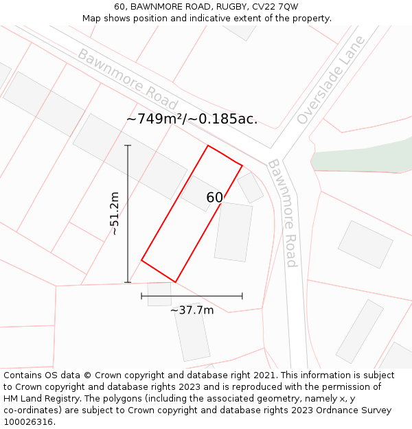 60, BAWNMORE ROAD, RUGBY, CV22 7QW: Plot and title map