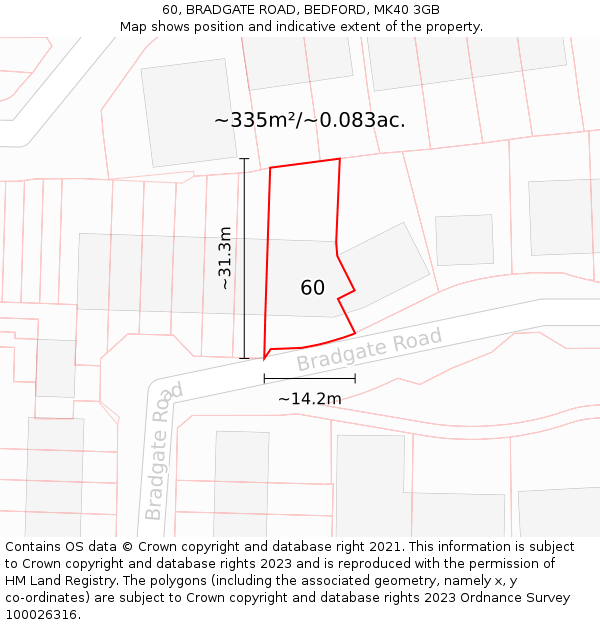 60, BRADGATE ROAD, BEDFORD, MK40 3GB: Plot and title map