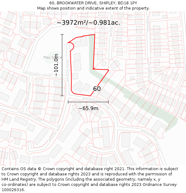 60, BROOKWATER DRIVE, SHIPLEY, BD18 1PY: Plot and title map