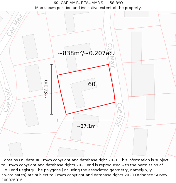 60, CAE MAIR, BEAUMARIS, LL58 8YQ: Plot and title map