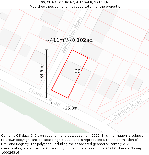 60, CHARLTON ROAD, ANDOVER, SP10 3JN: Plot and title map