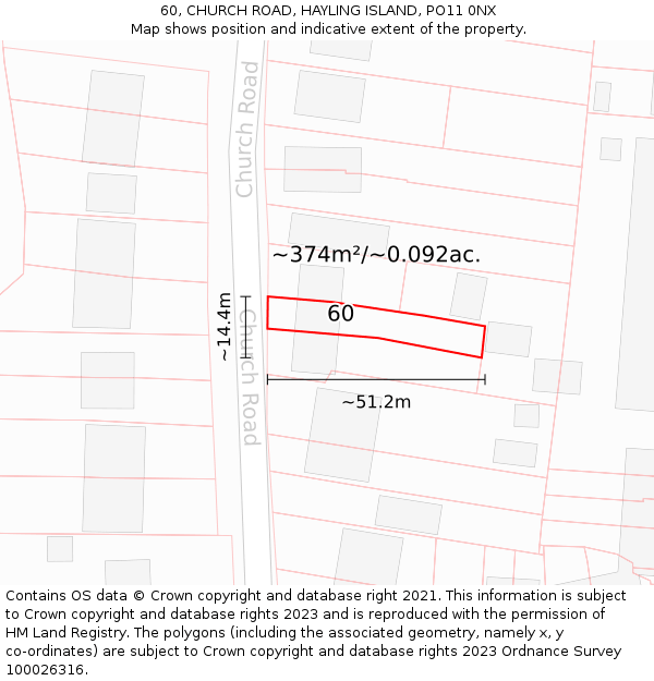 60, CHURCH ROAD, HAYLING ISLAND, PO11 0NX: Plot and title map