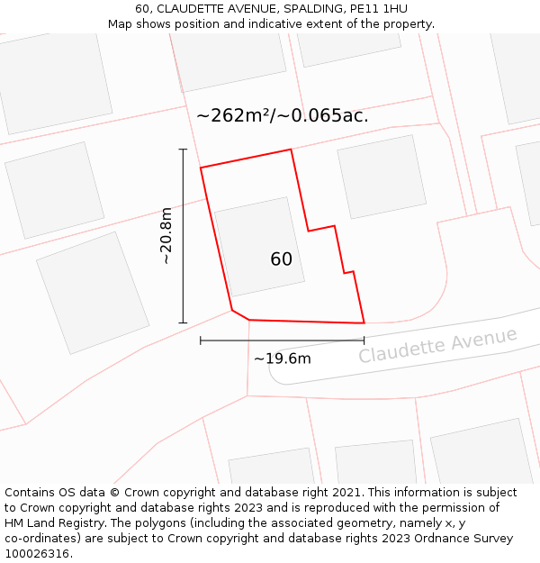 60, CLAUDETTE AVENUE, SPALDING, PE11 1HU: Plot and title map